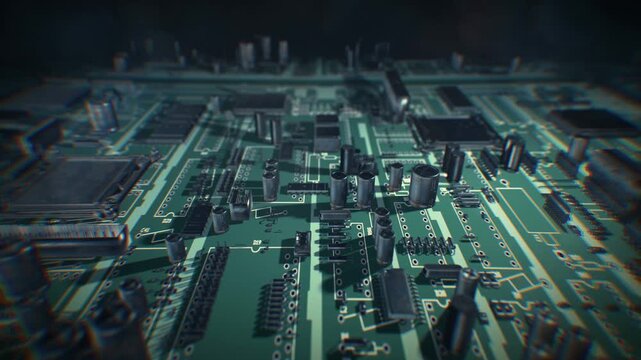 Abstract macro view of a computer printed circuit board with glowing electronic components and microchips moving through a digital city.