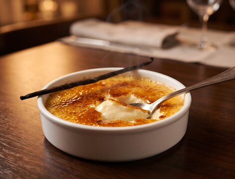 Fine dining advertising photograph of a classic cr&egrave;me br&ucirc;l&eacute;e in a round white ramekin, its caramelized sugar crust cracked open with a spoon to reveal the smooth pale custard beneath.