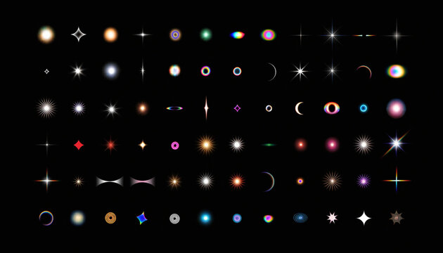Various abstract light flares and bokeh effects scattered across a dark background