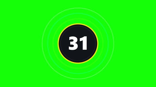 Circular countdown timer animation with white numbers on green screen background. Features concentric ripple effects and dark circle design for chroma key video editing and timing projects.