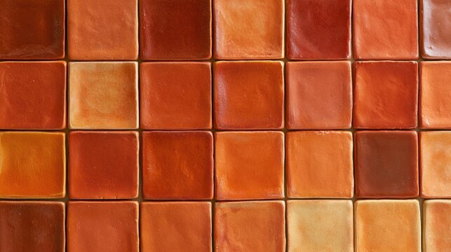Terracotta ceramic tiles form a grid with warm glaze color variation for interior design. The backdrop provides opportunity for creativity.
