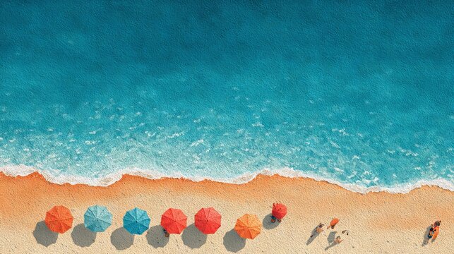 A peaceful top-down beach landscape, capturing the contrast between vibrant blue sea, soft sandy shore, and bright umbrellas in an artistic flat design.