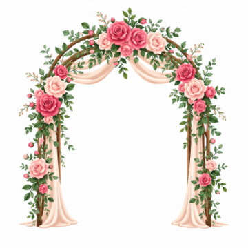 Romantic wedding arch decorated with pink roses, delicate greenery, and flowing blush fabric.