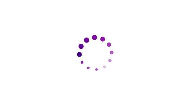 Abstract purple dotted loading spinner icon showing progress or buffering process on an isolated white background, ideal for modern website and mobile application user interface design.