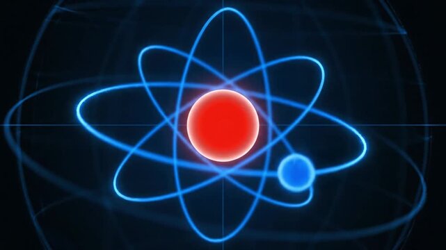Glowing atomic structure with orbiting electrons and bright red nucleus on dark background