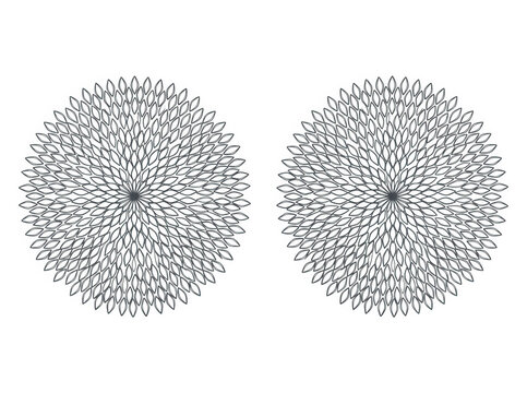 Dos patrones circulares id&eacute;nticos con dise&ntilde;o geom&eacute;trico complejo tipo mandala, formados por l&iacute;neas finas entrelazadas en color gris sobre un fondo blanco limpio, ideal para dise&ntilde;o gr&aacute;fico y texturas.