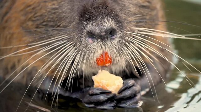 Nutria or coypu chewing bread while floating in water showing orange teeth and long whiskers in close up cinematic footage.