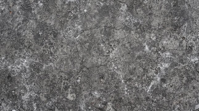 Weathered dark charcoal concrete wall showing heavy cracks and aged texture. Charcoal concrete surface provides gritty industrial background for urban construction design or stone pavement overlay.