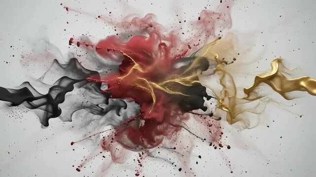 Vibrant powder particles explode in a spectrum of colors against a white background. black, red and yellow pigments collide and blend, creating dynamic cloud formations