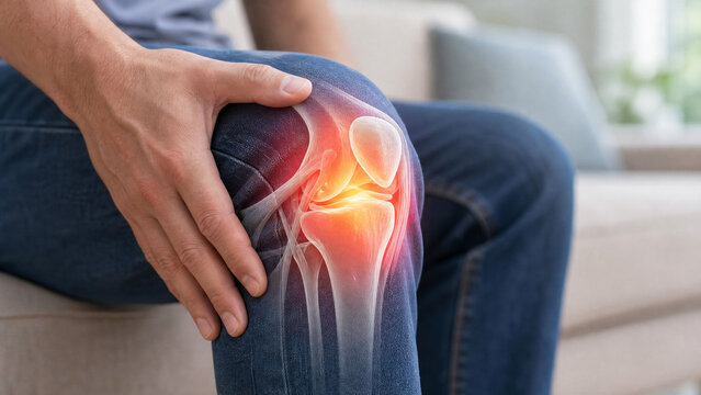 Man holding painful knee with joint inflammation illustration
