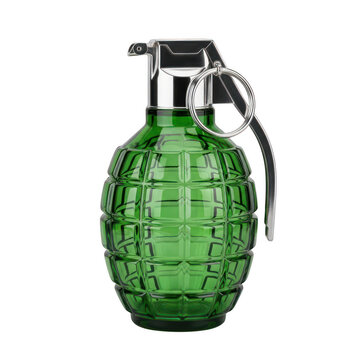 Green glass hand grenade shaped liquor bottle isolated on white background isolated on transparent background
