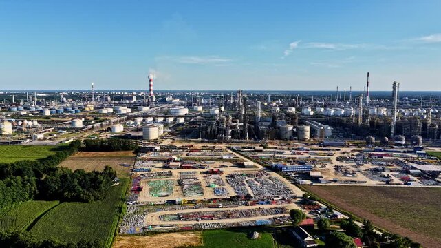 Aerial view of the Orlen Plock Production Plant featuring industrial infrastructure, storage tanks, and refinery towers surrounded by green fields in Plock, Mazowieckie, Poland.