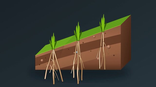 3d animation of plant roots growing through soil layers with water absorption
