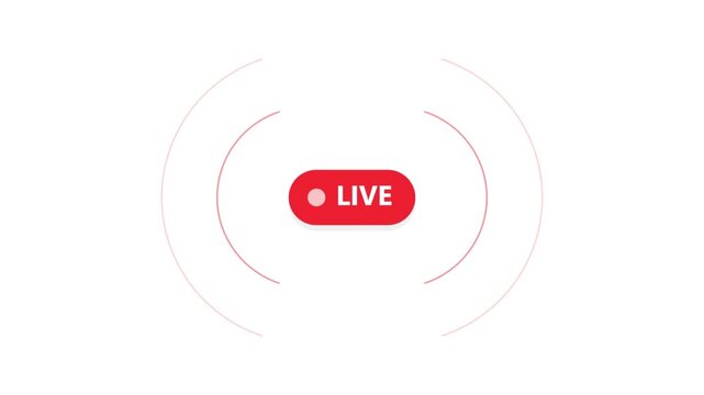 Red live stream button with blinking recording indicator and signal waves on white background, suitable for social media broadcast and digital streaming concepts.