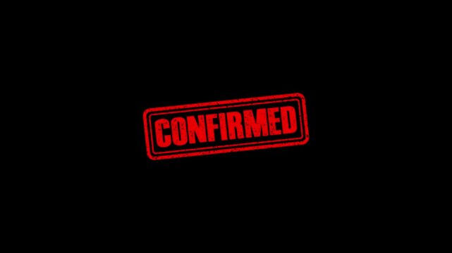 Confirmed rubber stamp animation. Confirmed Stamp textured bold text motion. Up to down stamp zooming and hit effect 4k video.