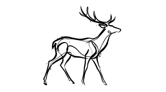 Dibujo lineal minimalista de un ciervo majestuoso con astas grandes, creado con un trazo fluido y continuo sobre un fondo blanco limpio, capturando la elegancia y la esencia de la vida silvestre
