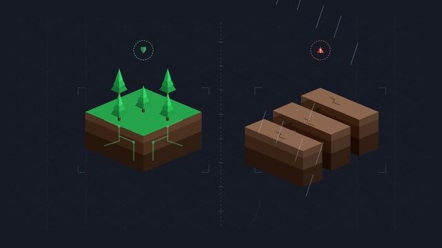 Isometric 3d animation comparing healthy forest ecosystem and deforested land eroding in rain
