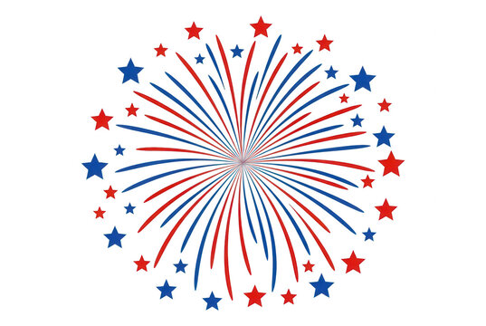 Ilustraci&oacute;n vectorial de fuegos artificiales patri&oacute;ticos con estrellas rojas y azules sobre un fondo blanco limpio, ideal para celebraciones del cuatro de julio o eventos nacionales de Estados Unidos.