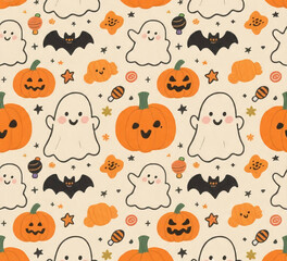 Fototapeta premium cute halloween monster in seamless background for wrapping paper