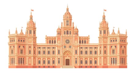 Fototapeta premium Grand historic palace building with clock tower isolated on white background