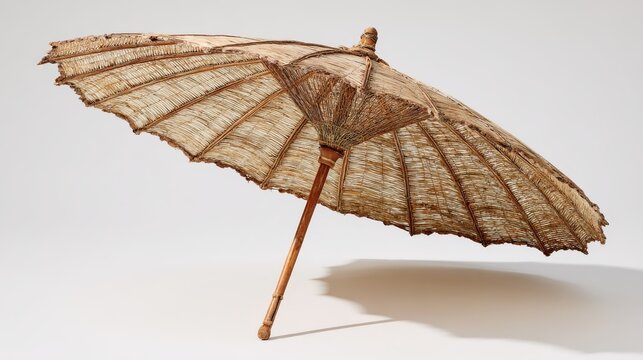 A wide, sun-bleached palm-leaf umbrella, slightly tilted, showcasing intricate weaving patterns and a sturdy central support.