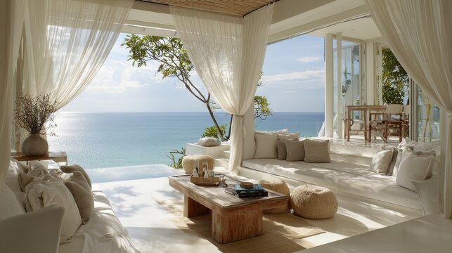 A dreamy coastal escape, where sheer white curtains drift in the ocean breeze, framing a tranquil view of the horizon from a high-end villa.