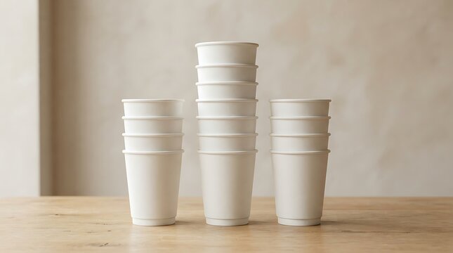 Three stacks of paper cups arranged neatly on a wooden table with soft background lighting showcasing a flame-disposible cup concept for events