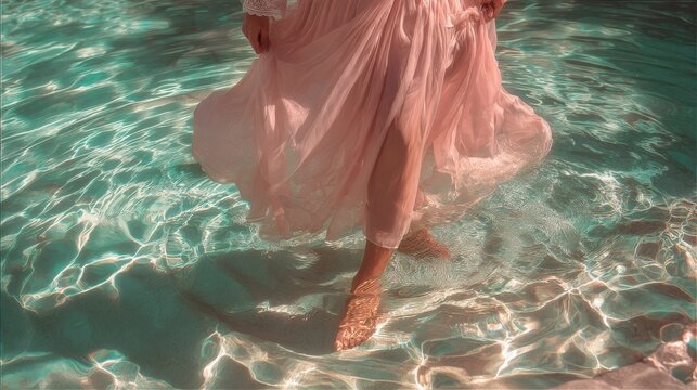 A serene summer moment as a woman in a soft pink dress gently sways her feet in the pool, creating delicate ripples under the warm afternoon sun.