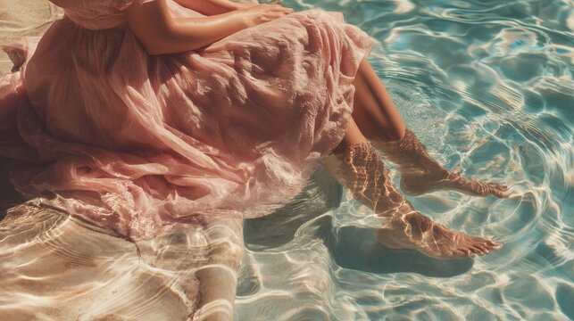 A serene summer moment as a woman in a soft pink dress gently sways her feet in the pool, creating delicate ripples under the warm afternoon sun.