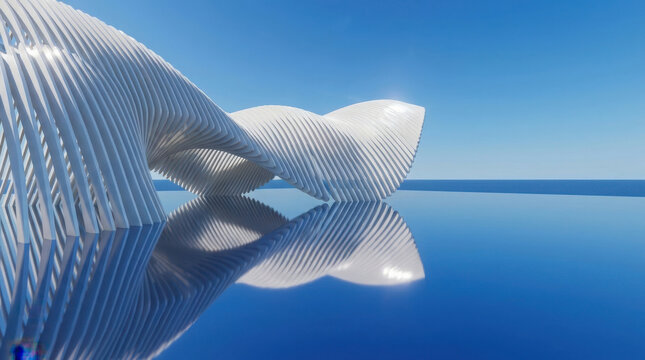 Futuristic white parametric architectural structure with fluid organic curves reflecting on a calm water surface under a clear blue sky