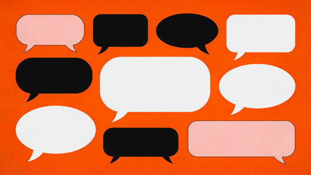 A collection of blank speech bubbles in different shapes and colors, placed on a solid orange background, for communication and design use.