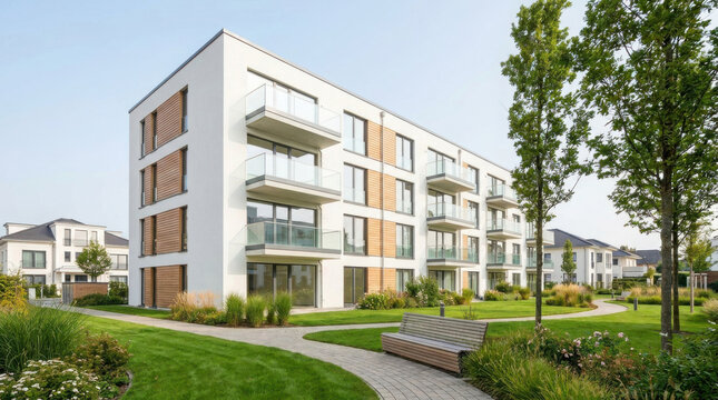Modern apartment building with a sustainable design featuring green spaces and outdoor balconies in a residential neighborhood