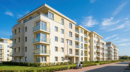 Fototapeta premium Modern residential apartment building complex with balconies under a bright blue sky on a sunny day