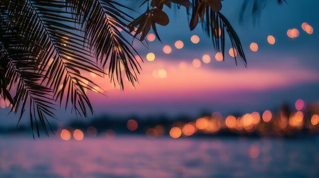 A picturesque sunset with an artistic blur of twinkling lights, palm leaves rustling in the wind, and the soft colors of the sky merging into the ocean.