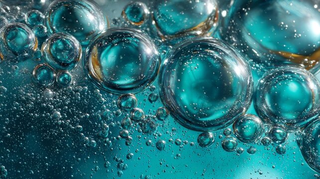 Abstract composition of air bubbles trapped in bright turquoise fluid, glistening with refracted light and smooth organic shapes.
