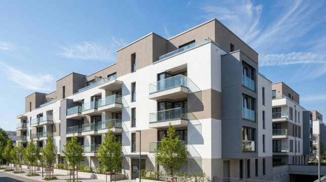 Modern apartment building facade with balconies and green trees under a bright blue sky