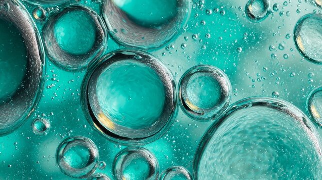 Abstract composition of air bubbles trapped in bright turquoise fluid, glistening with refracted light and smooth organic shapes.