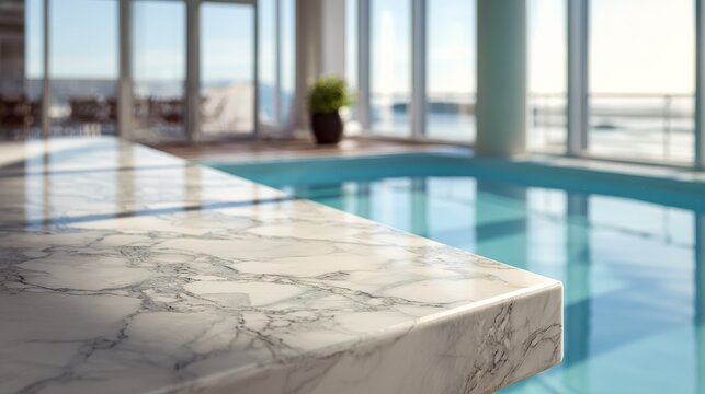 Sleek white marble countertop with delicate veins, positioned against a softly blurred view of a serene, empty swimming pool bathed in natural light.