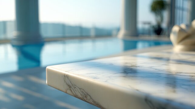 Sleek white marble countertop with delicate veins, positioned against a softly blurred view of a serene, empty swimming pool bathed in natural light.