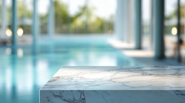 Sleek white marble countertop with delicate veins, positioned against a softly blurred view of a serene, empty swimming pool bathed in natural light.