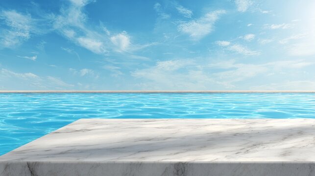 Minimalist scene with a smooth marble tabletop in the foreground, overlooking a sunlit pool with gentle ripples reflecting the sky.