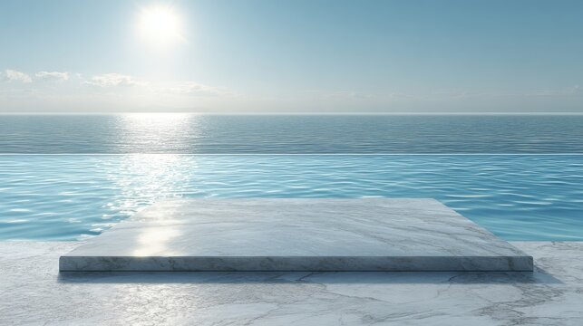 Minimalist scene with a smooth marble tabletop in the foreground, overlooking a sunlit pool with gentle ripples reflecting the sky.