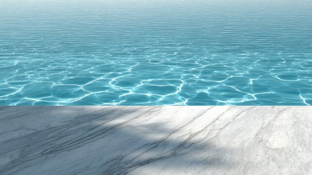 Minimalist scene with a smooth marble tabletop in the foreground, overlooking a sunlit pool with gentle ripples reflecting the sky.