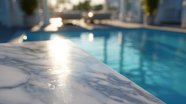 Elegant polished marble surface with a cool, clean aesthetic, subtly contrasting with a dreamy, out-of-focus swimming pool in the background.