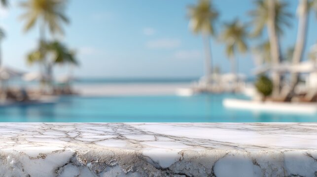 Luxurious white marble slab with intricate natural patterns, standing before a tranquil, blurred resort pool scene under a bright summer sky.