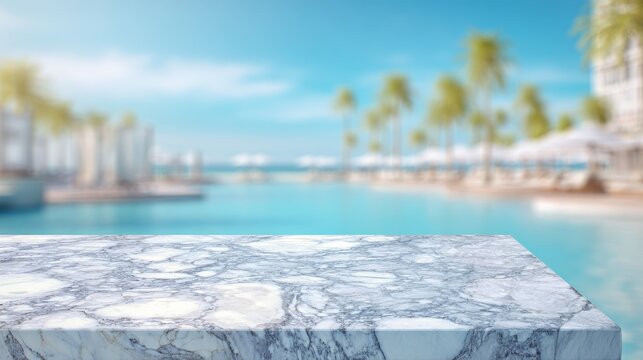 Luxurious white marble slab with intricate natural patterns, standing before a tranquil, blurred resort pool scene under a bright summer sky.