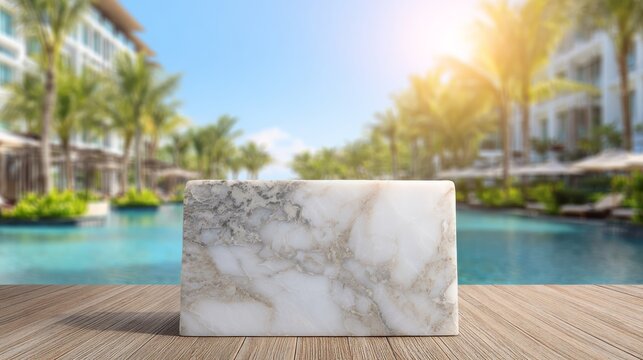 Luxurious white marble slab with intricate natural patterns, standing before a tranquil, blurred resort pool scene under a bright summer sky.
