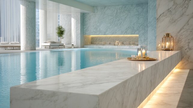 Pristine marble counter bathed in soft ambient light, with a faintly visible swimming pool setting evoking relaxation and leisure.