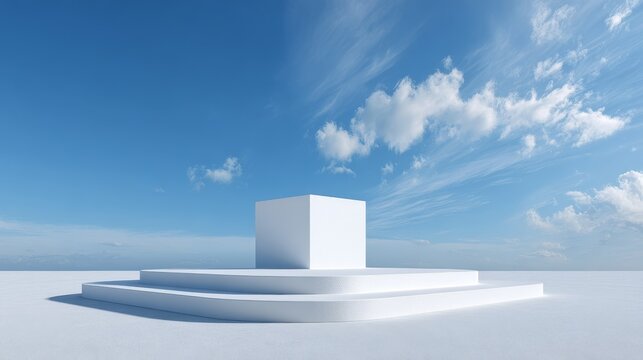 Minimalist white podium floating against a vast sky-blue background with soft, wispy clouds, creating a serene and airy presentation scene.