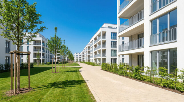 Modern apartment buildings with a clean white facade, large balconies, and a green courtyard with trees and a walkway